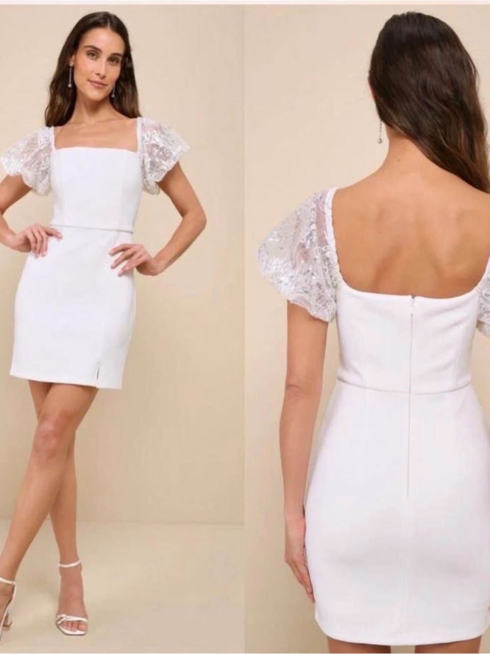 Lulu's White Square-Neck Mini Dress with Lace Flutter Sleeves NWT